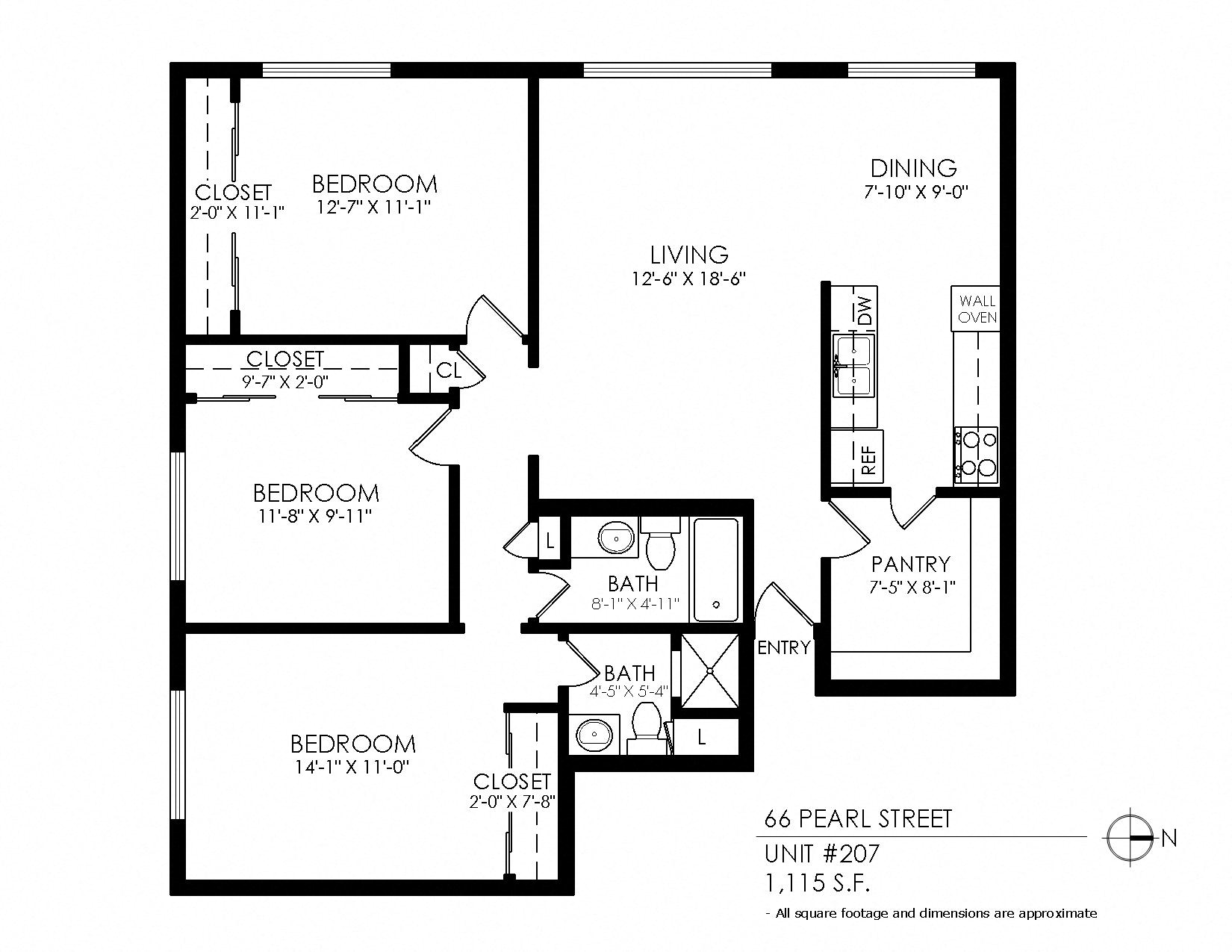 Floor plan for 3 beds, 2 baths, 1170 sqft